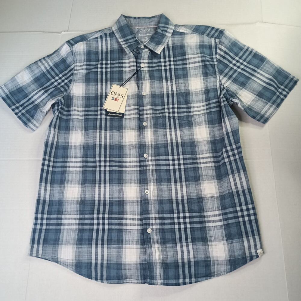 Chaps Seacoast Wash Chambray Woven Shirt Men's L Blue Plaid